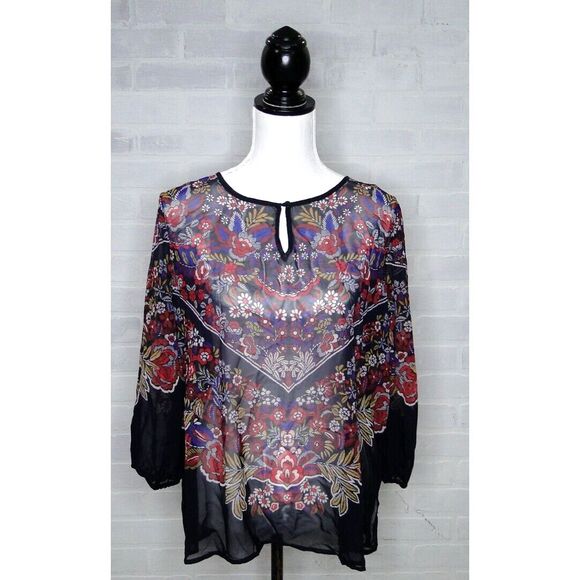 Liz Claiborne Tops - Liz Claiborne Women's Large 3/4 Length‎ Floral Blouse Red Blue Sheer Overlay Top